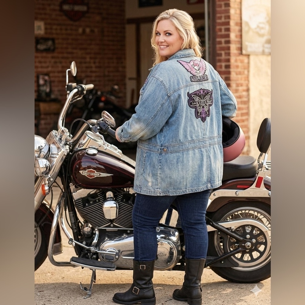 Roaman's Vintage Blue Denim Jacket with Pink Patches Harley Rider 32.5 PTP